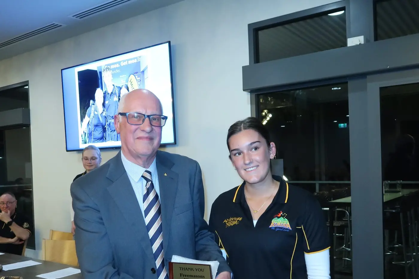 THANKS YOU: Matt DeNatris receives a thankyou plaque from Wangaratta RSL Bob Iskov Kokoda Track Scholarship recipient Charli Wright.