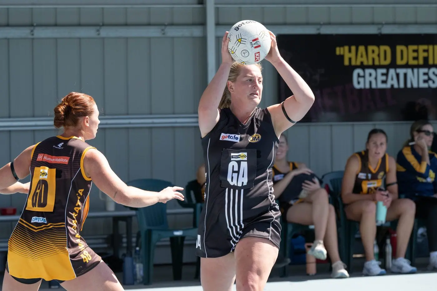 ON THE LOOKOUT: Wangaratta Magpies goal attack Claire Wilson looks to pass, as Rovers goal defence Mikaela Trethowan checks her movements.  PHOTO: Kurt Hickling\\n
