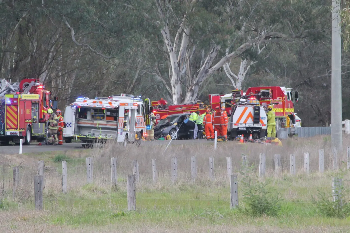 OXLEY RD CRASH: A man was airlifted to hospital after crashing his vehicle on Oxley Flats Road in Oxley early on Tuesday morning. CFA supported SES crews to extricate the man from the vehicle into the care of Ambulance Victoria. He was flown to The Alfred hospital. PHOTO: Steve Kelly