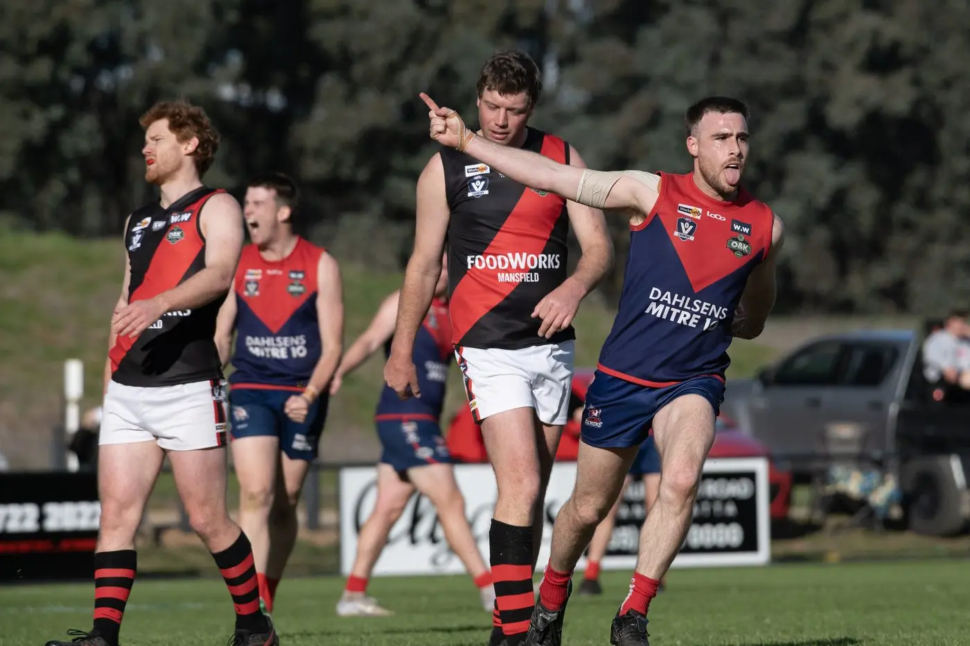 ALL RISE: Aaron Law (pictured) celebrates after kicking one of his two goals on Saturday, playing a pivotal role in Milawa\\'s stirring five-point win over a spirited Bonnie Doon at North Wangaratta Recreation Reserve. PHOTO: Melissa Beattie