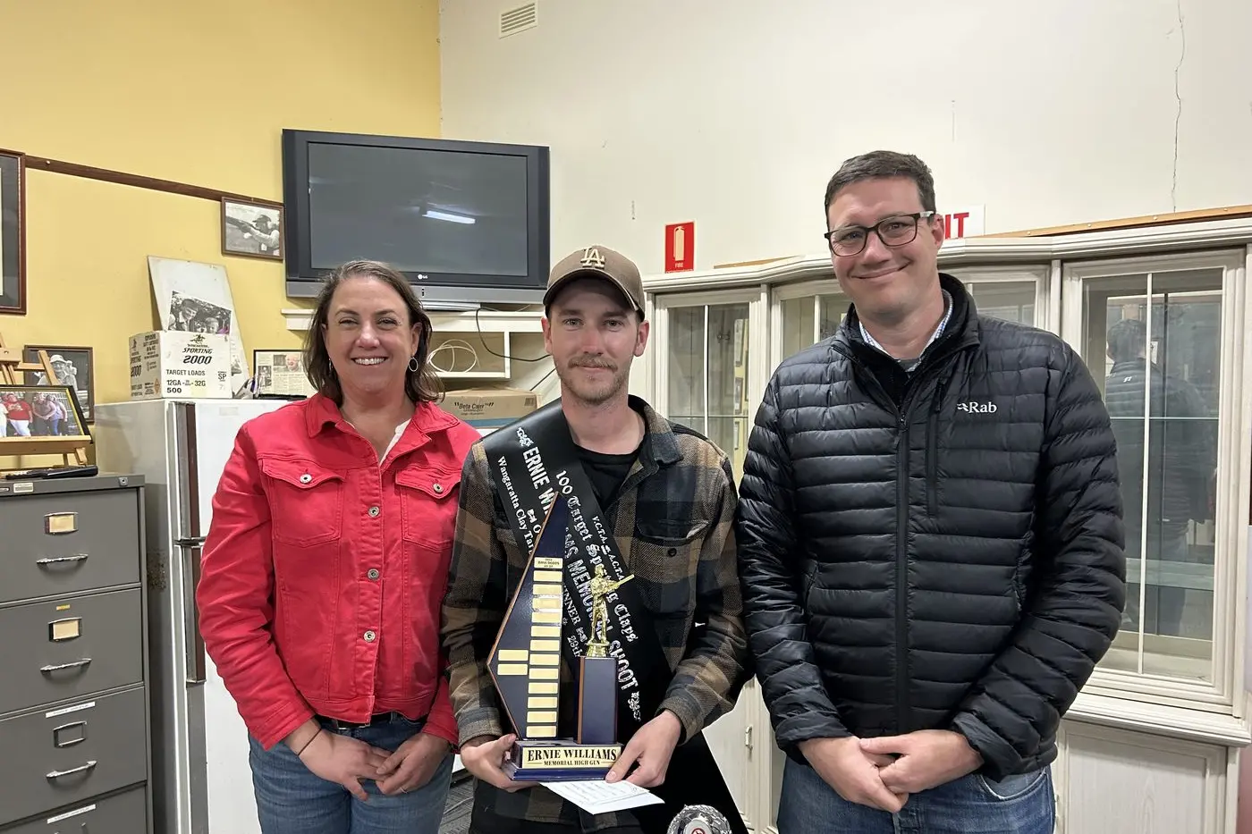 GREAT SHOOTING: Rhys McGauran (centre) was the overall winner of the Ernie Williams Memorial 100 target sporting clays shoot, pictured alongside Ernie\\'s relatives Kristan and Angus.