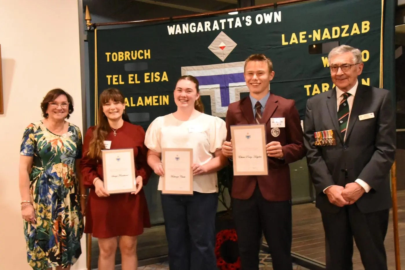 LINKS IN THE CHAIN: Students Swaye Frankland (Wangaratta High School), Makenzie Clark (Cathedral College) and Ethan Perry-Hayden (Galen College) with their citizenship award certificates, presented by the 2/24th Battalion Association vice president Janice Young and president Roland Nicholson.\\n