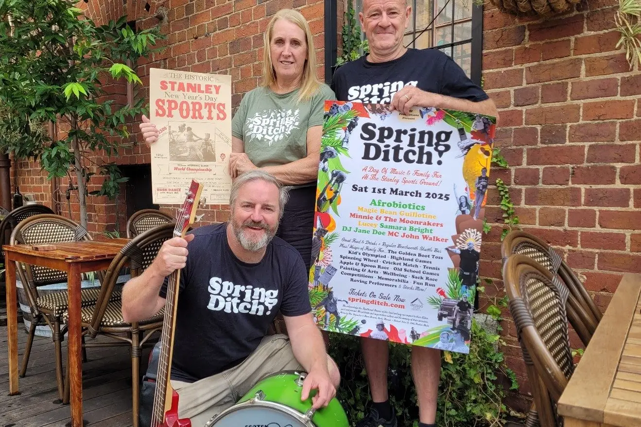 EXCITED: Spring Ditch co-founders Rikki Raadsveld and Lex Fletcher with long-time volunteer Liam Cuffley (front) are gearing up for the fun day. PHOTO: Coral Cooksley