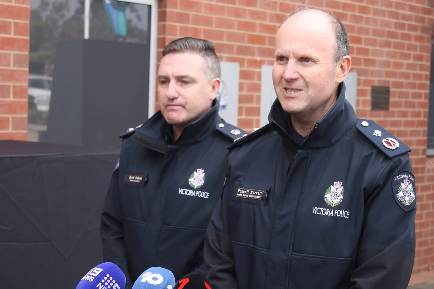 SEARCH GOES ON: Superintendent Brett Kahan and Deputy Commissioner Russell Barrett spoke provided an update on the search for Dezi Freeman at Wangaratta police station. PHOTO: Bailey Zimmermann