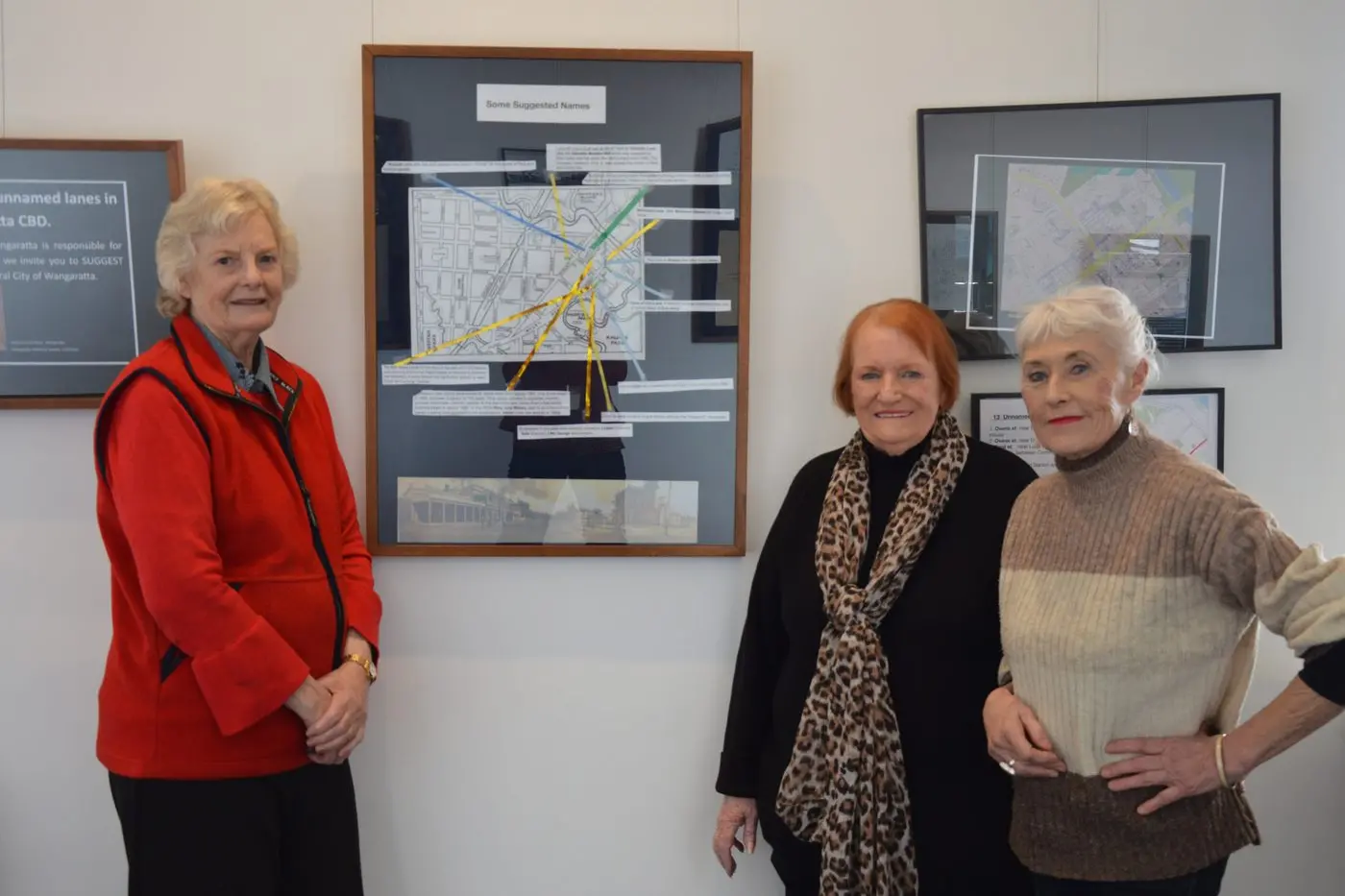 CHANGING LANES: Sandra Neville, Lorraine Monshing and Paddy Milne encourage the community to help name the city\\'s unnamed laneways, with a map on display in the Bainz Gallery. PHOTO: Anita McPherson