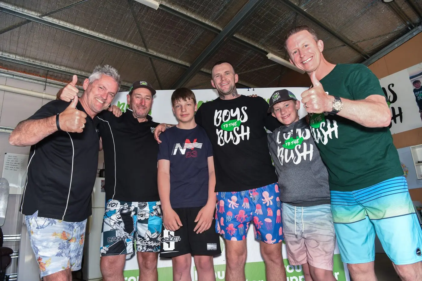GET THE BOARDIES ON: Boys to the Bush members and mentors are urging the community to support All On Board Day by wearing boardshorts to work and school this Friday. The initiative aims to help raise money for the local charity. Pictured are (from left) Peter Rourke, Brad Burgan, Ryley Davies, Fraser Dale, Blake Mankey, and Matt Dillon. PHOTO: Kurt Hickling
