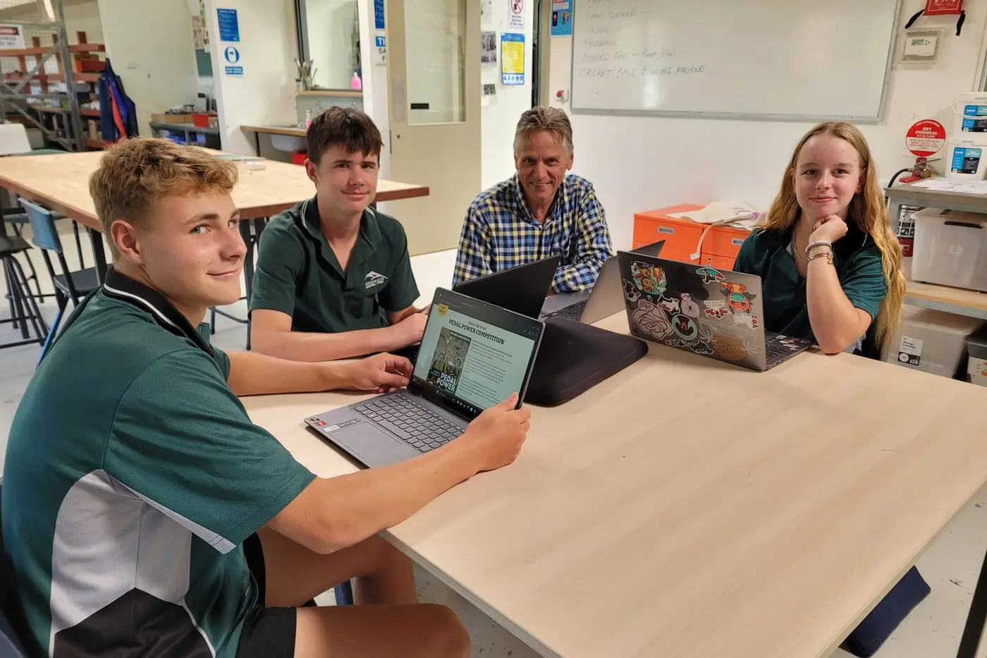 INNOVATORS: BSC year 9 students Jacob Wood (left) and Taylor Thomson with technology teacher Martin Hendriks and year 10 student Lilly Dobson toss around design ideas for projects. PHOTO: Coral Cooksley