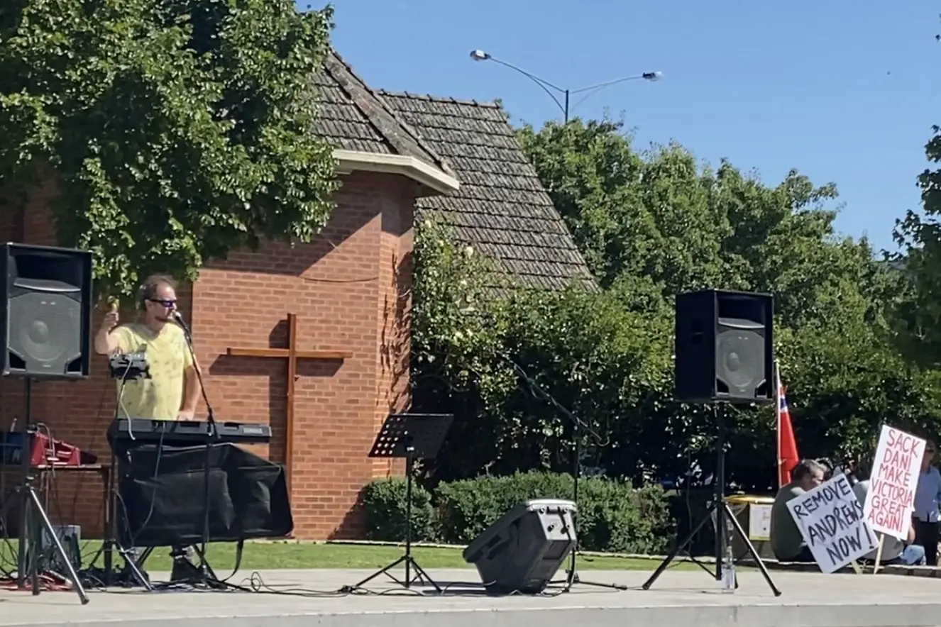 LEADING THE CALL: Protestors gathered outside Myrtleford Magistrates Court on Friday, as an application to prosecute Premier Daniel Andrews on charges of concealing an act of treason were struck out.