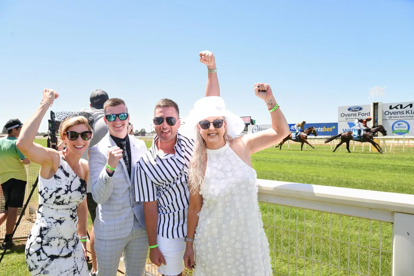 TRACKSIDE: Candice Jones, Ben Campbell, Joel Manfield and Donna Smedley were among the 2000 strong crowd trackside at the Wangaratta Turf Club for the Ovens Ford Melbourne Cup Day Races on Tuesday. PHOTOS: Kurt Hickling 