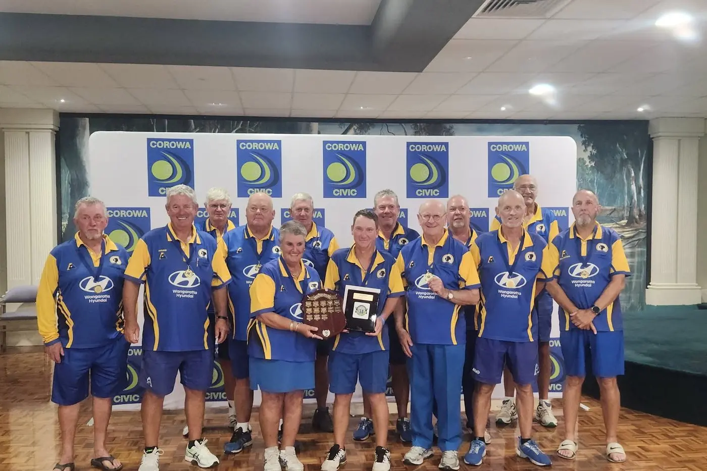PREMIERS: (from left) Gary Fenlon, Maurie Braden, Greg McDonald, Graeme Smith, Jan Hermassoo, Laurie McDonald, Chris Randell, Mark Allan, Leon Quartermain, Trevor Selwood, Greg Braden, Norm Bussell, and Phil Davern.