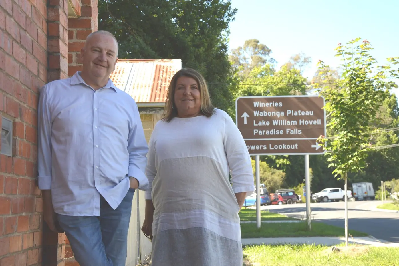 IMPROVEMENT NEEDED: King Valley Tourism Association president Karen Barber, and Chrismont Wines project manager (and developer of tourism experiences) John Flower are among those calling for better signage at the Oxley roundabout, directing visitors to places like Whitfield and Cheshunt in the upper King Valley. PHOTO: Anita McPherson