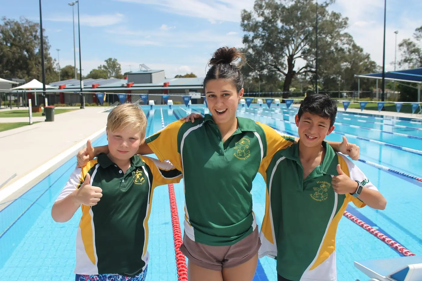 READY TO SWIM: Wangaratta Amateur Swimming Club members (from left) Spencer Jackson, Sofia Gallo, and Leo Fidge will be among hundred of keen swimmers at the WISAC this weekend. PHOTO: Nathan de Vries