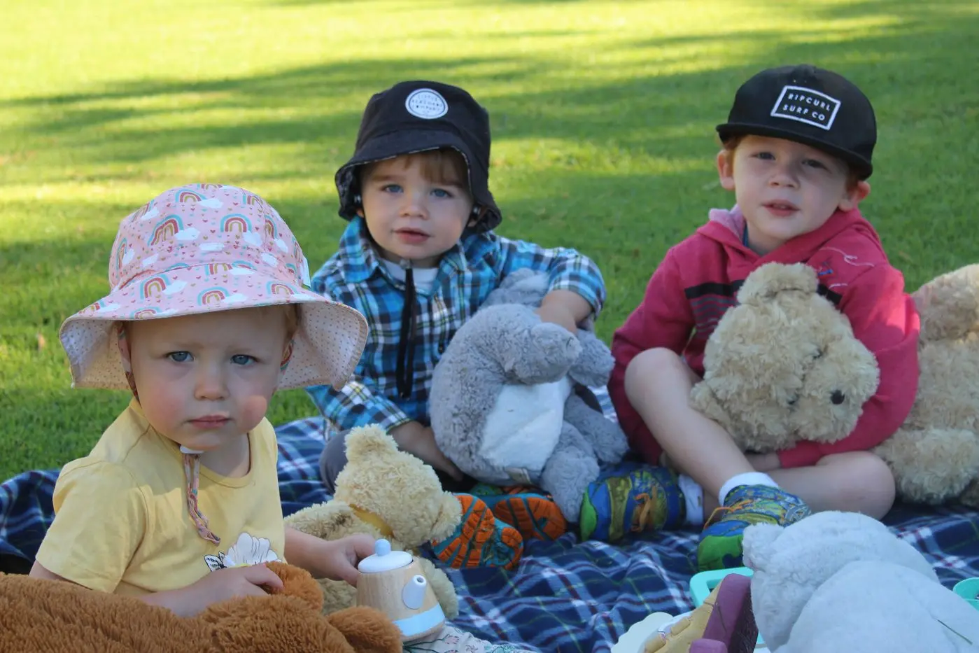 TEA FOR THREE: Billie Kneebone (left), Ari (centre) and Franklin Scott shared some refreshments with their cuddly friends during the teddy bears picnic in Everton. PHOTO: Nathan de Vries
