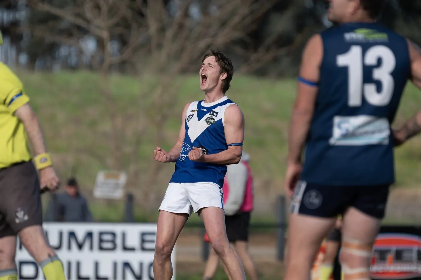 WHAT A FEELING: Cooper Thomason celebrates one of his three goals in Bright\\'s qualifying final win over Greta. PHOTO: Melissa Beattie