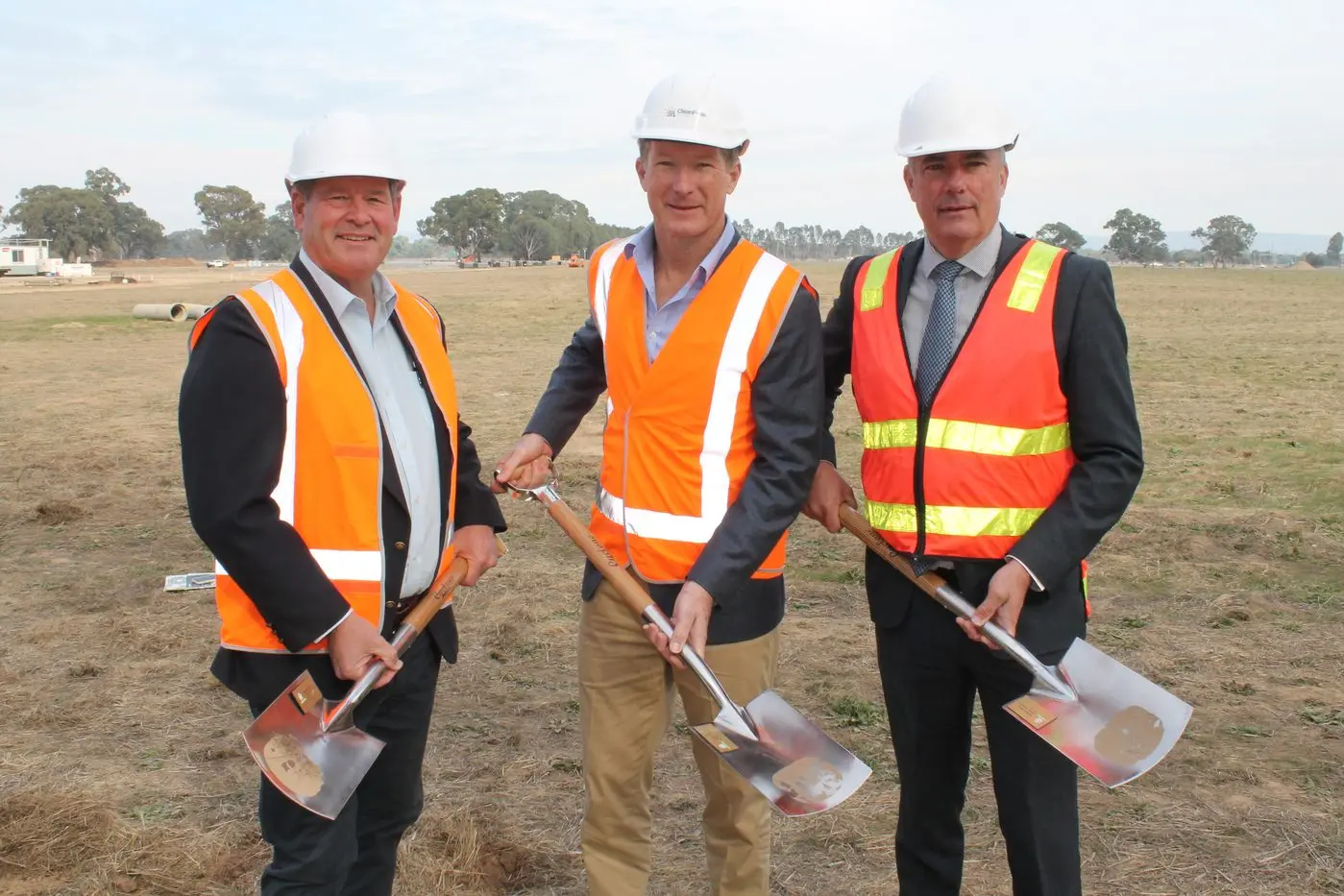 SOD TURNING: Ovens Valley MP Tim McCurdy, CleanPeak Energy CEO Philip Graham and Mayor Dean Rees turning the sod for the 38 megawatt Wangaratta Solar Farm. \\nPHOTO / VIDEO: Steve Kelly