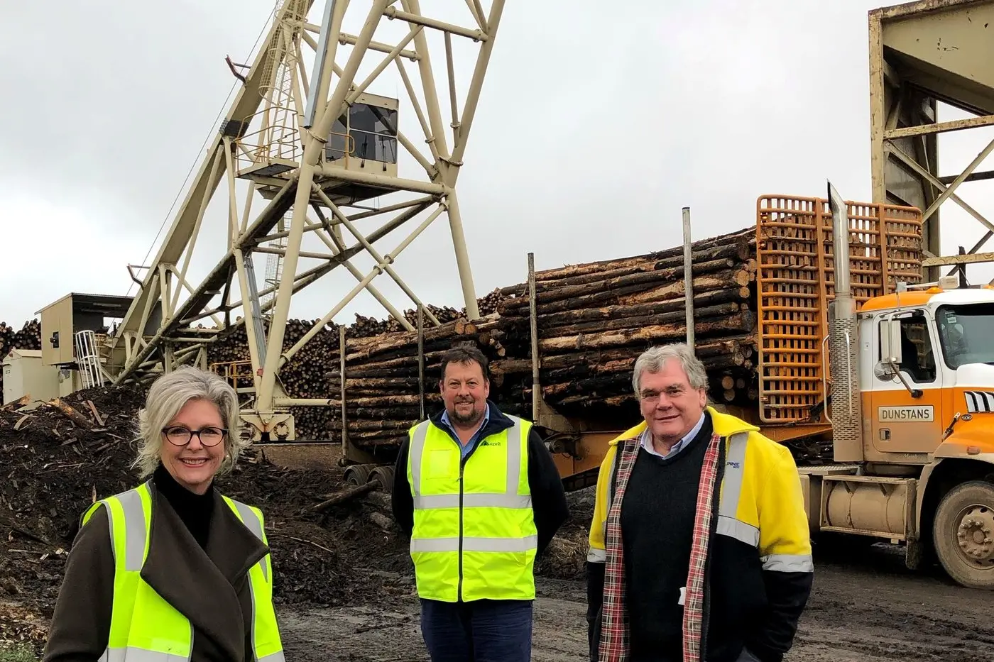 WELCOME BOOST: Helen Haines pictured during a site visit to Alpine MDF last year, with managing director Graham Church and operations manager Bruce Forrest.