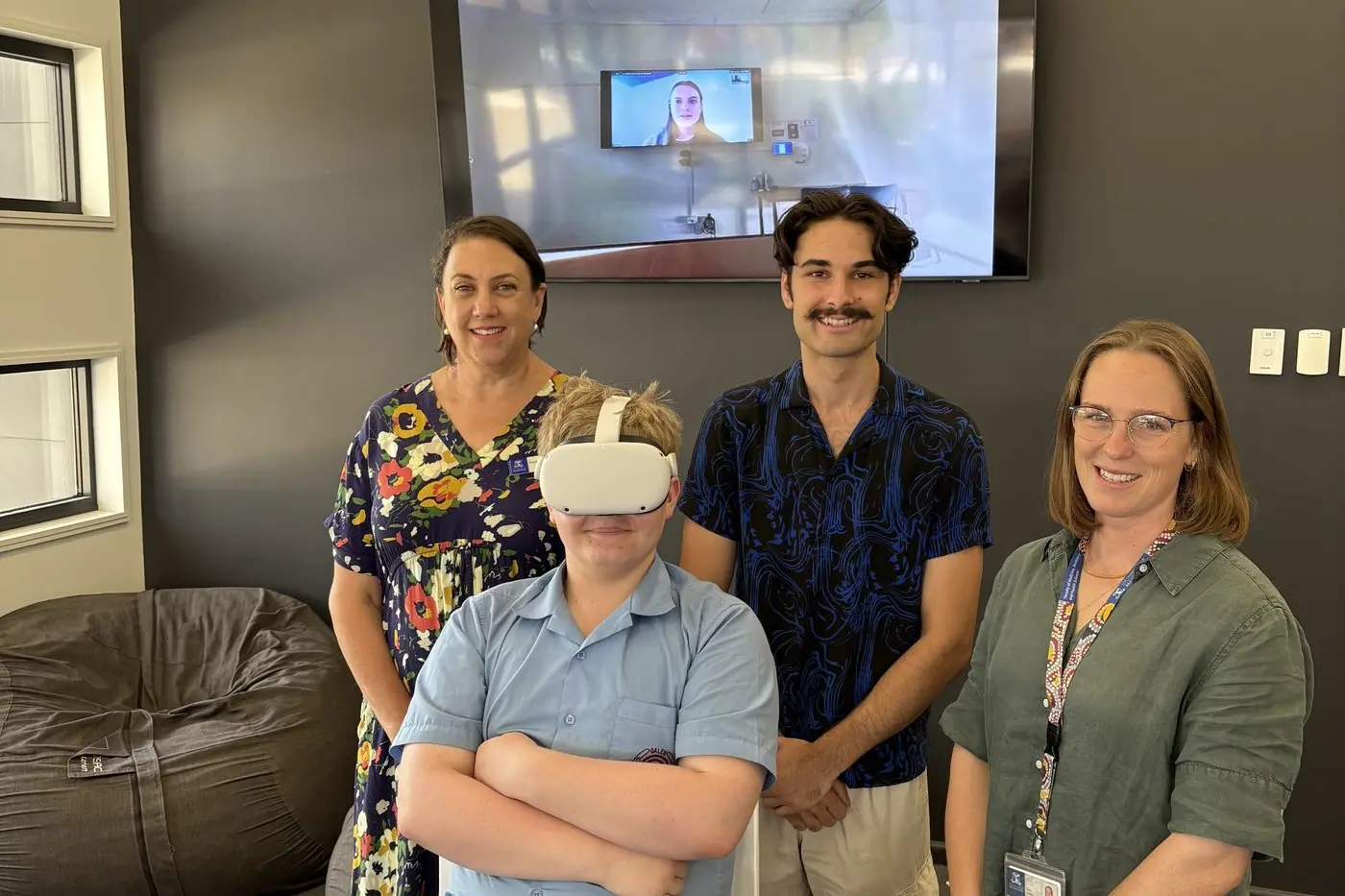 A DIFFERENT VIEW: Marcus Davidson (centre) with Kristen Glenister and Tegan Podubinski from Melbourne University Department of Rural Health, and Galen Catholic College student Max Sampson, who tried out the virtual reality video prepared by Marcus for the university.