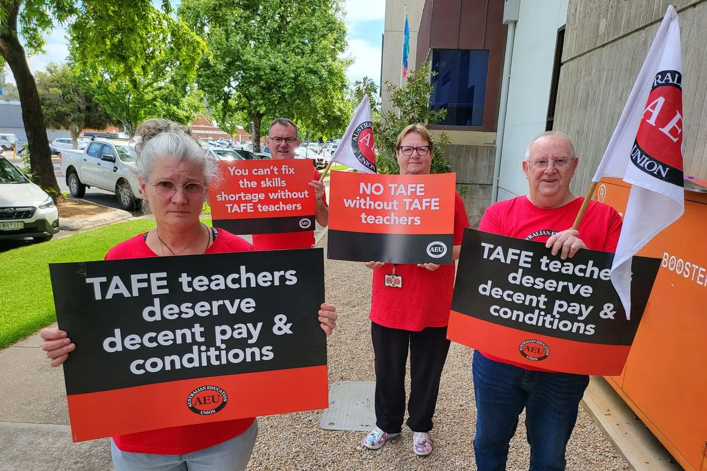 STOP-WORK RALLY: AEU Wangaratta representative and teacher Jody Tadic (left), teacher Evan Gibson, AEU organiser Jan Kelly, and teacher Dave Smalldon. PHOTO: Steve Kelly