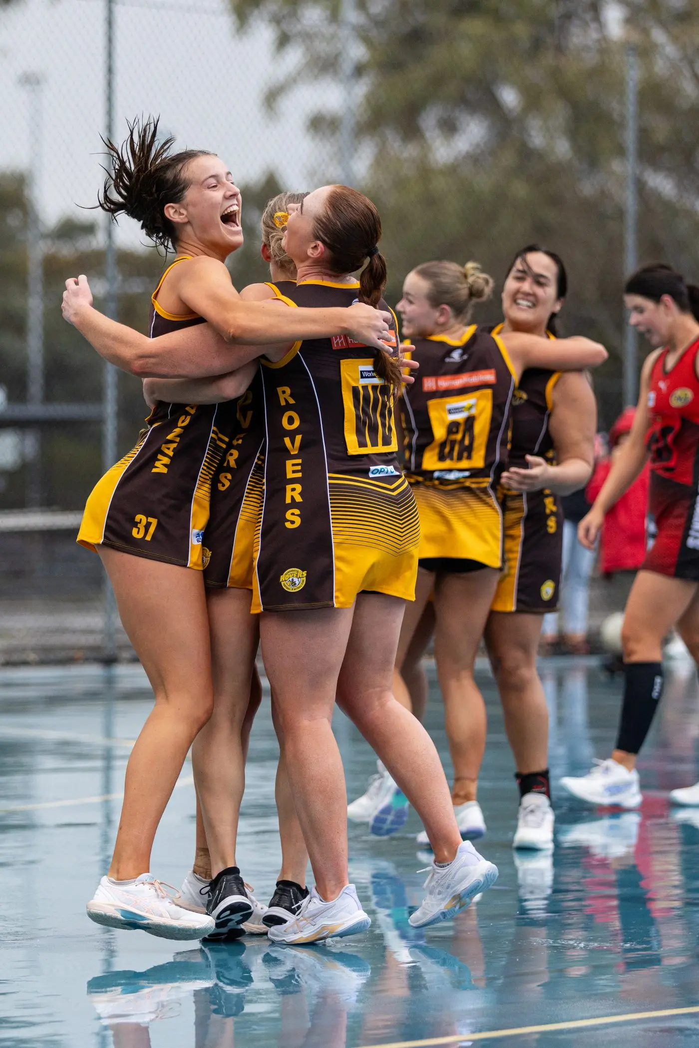 THE SWEETEST VICTORY: Wangaratta Rovers A grade netball players were in raptures after their first win of the season on Saturday. PHOTOS: Marc Bongers