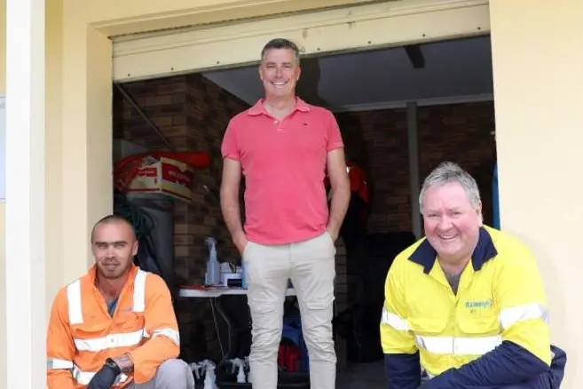 CLEAN CITY: The city is being cleaned to perfection under an initiative for regional cities to be given an extra once over during the pandemic. Pictured are council workers Jai Duncan (left) and Gary Treadwell with mayor Dean Rees. PHOTO: Kieren Tilly\\n