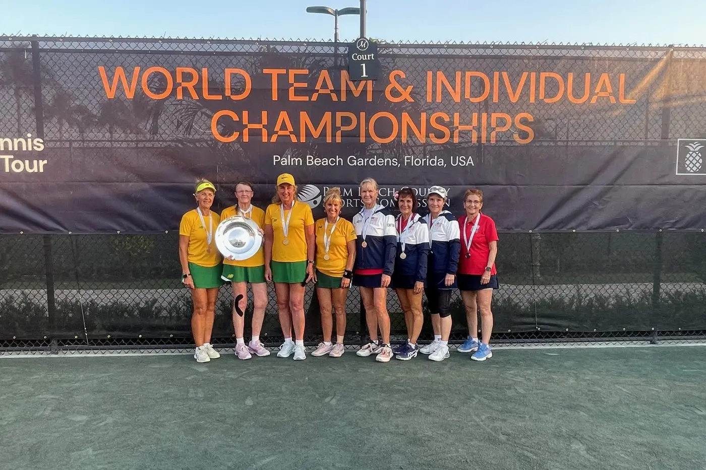 CHAMPION: Michelle Hill (third from left) and the Australian side defeated host nation USA to claim the Masters Tennis World Championship.
