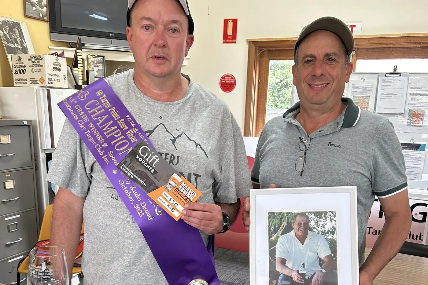 TOP GUN: Terry Pigram (left) took top honours in Saturday\\'s Down the Line shoot, pictured with club president Angelo Grassi.