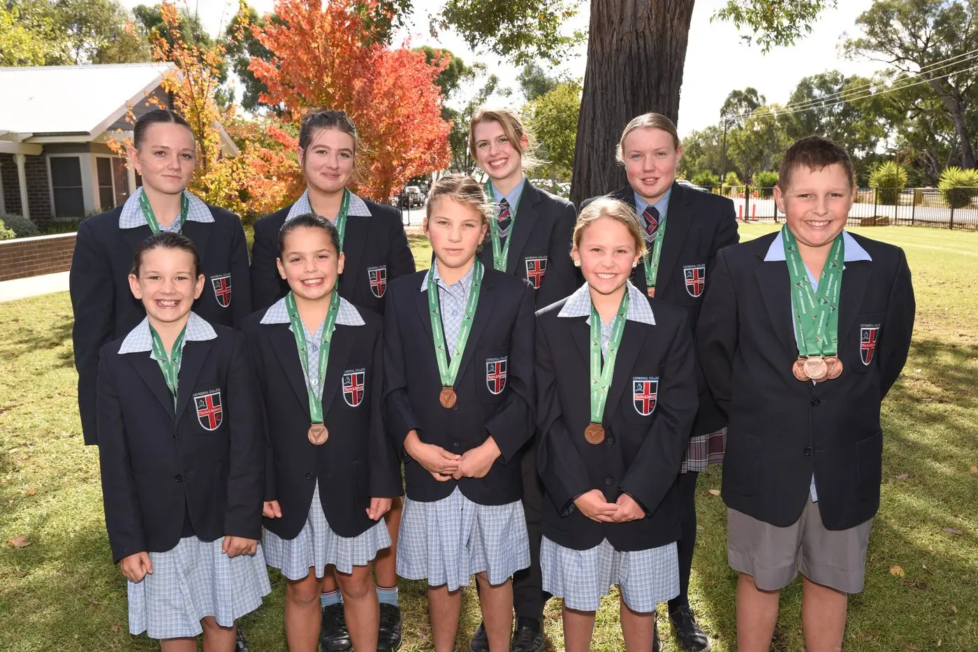 SWIMMING CHAMPIONS: (back) Alice Colson, Jasmine Herne, Imogen Mattey, Hannah Saunders, (front) Zoe Riordan, Mia McGuffie, Amelia Conway, Emily McLean and Max Chandler all achieved bronze medals at the School Sport Victoria Swimming Championships. PHOTO: Kurt Hickling