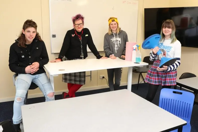 MAKING ROOM: Borinya Community Partnership principal Genevieve O\\u2019Reilly with students Kyran Espie (15), Lacey Sessions (16) and Allira Brookes (16) in one of the school\\u2019s classrooms which is proving too small for practical use.  PHOTO: Kieren Tilly