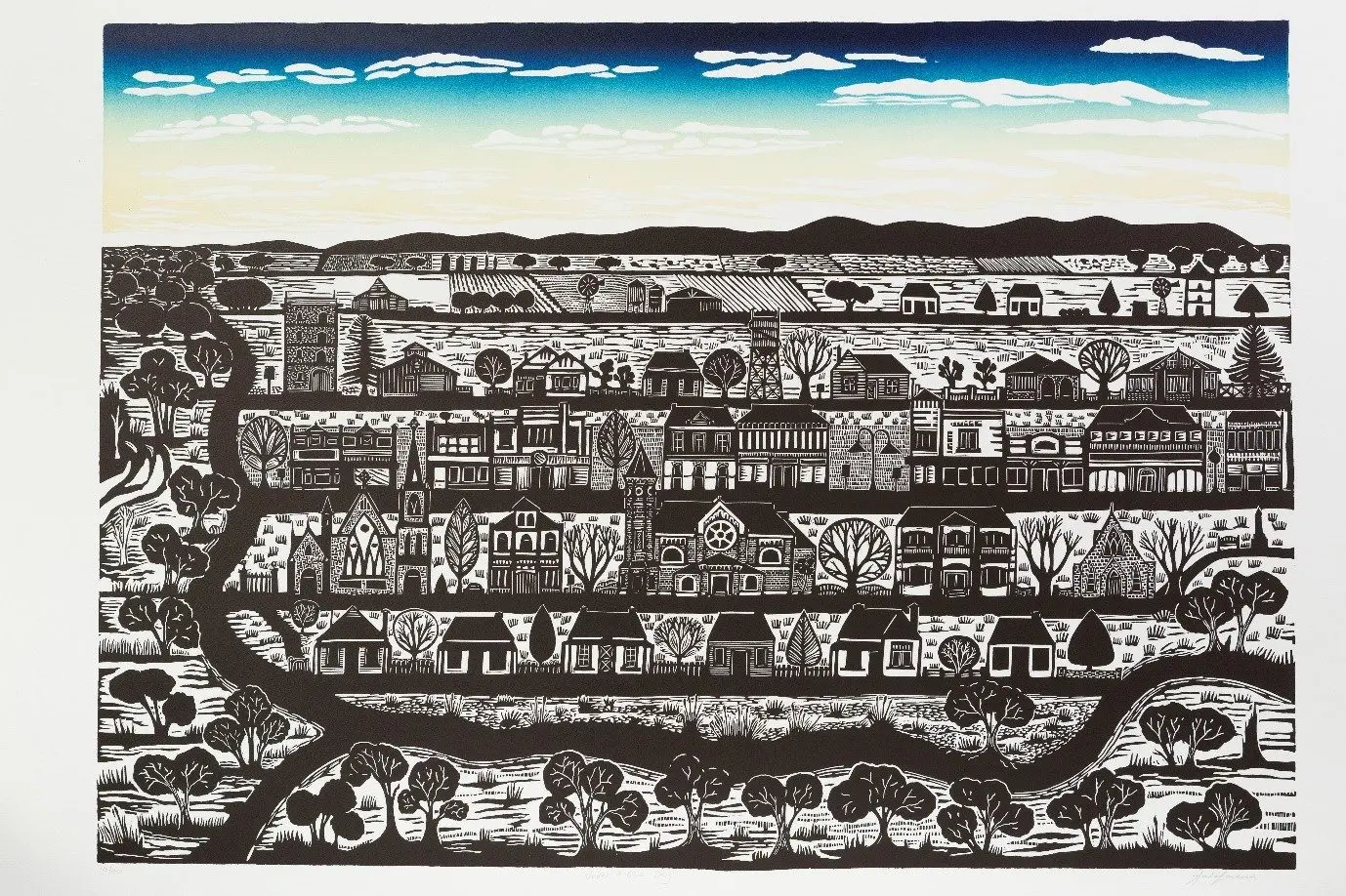 SHARED VISION: Anita Laurence, Under a Blue Sky (2017) linocut print on Somerset paper, 76.5 x 100.5cm. Printed by Bill Young at Bill Young Studio, King Valley. Wangaratta Art Gallery Collection. Acquired with the support of the Wangaratta Art Gallery Friends Inc.\\n