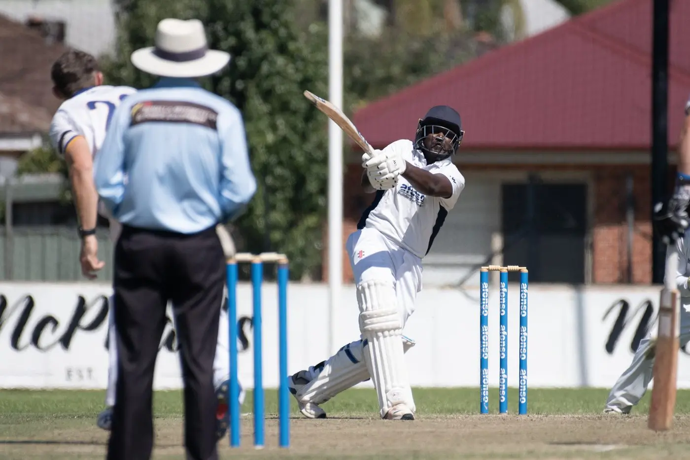 BIG SWING: Charith Perera goes massive in the Hawks\\' semi-final crushing of Yarrawonga Mulwala. Rovers United Bruck put on 186 runs before bowling the Lakers out for 82. Story page 15. PHOTO: Melissa Beattie