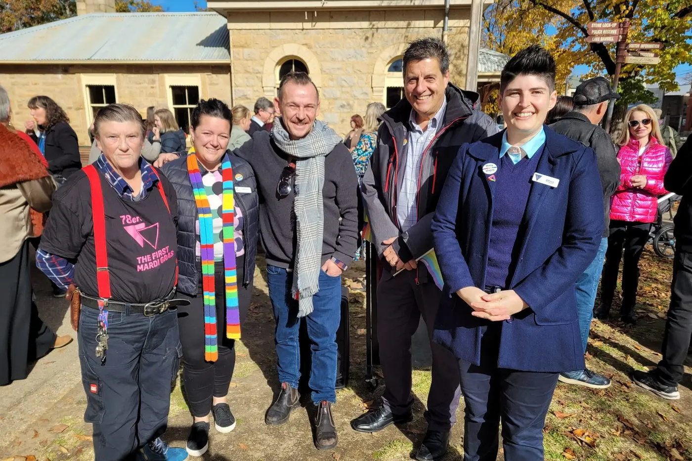 UNITED: Beechworth\\u2019s Helen Gollan (left) with IDAHOBIT Day speakers Indigo Shire mayor Sophie Price, Drag\\u2019d Out Festival\\u2019s Andrew Madden, Indigo Shire CEO Trevor Ierino and LINE Wangaratta spokesperson Al Winters at the IDAHOBIT Day celebration held in Beechworth earlier this year. PHOTO: Coral Cooksley.
