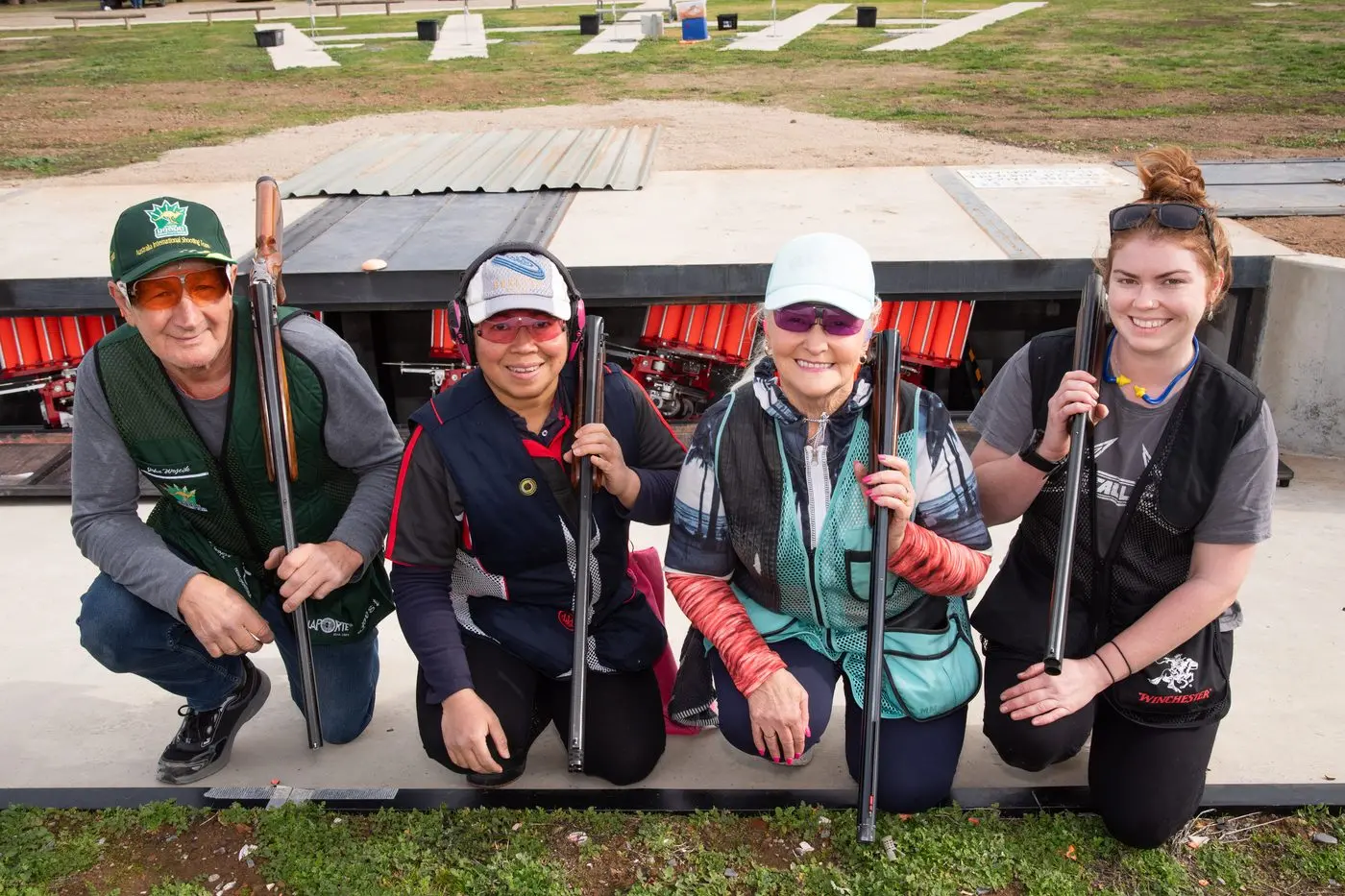 READY TO FIRE: Local shooters (from left) John Wojcik, Kanya Thumsud, Marion Hill and Tash Brown were getting their eye in ahead of the Wangaratta Clay Target Club\\'s inaugural Universal Trap competition this Saturday. PHOTO: Kurt Hickling