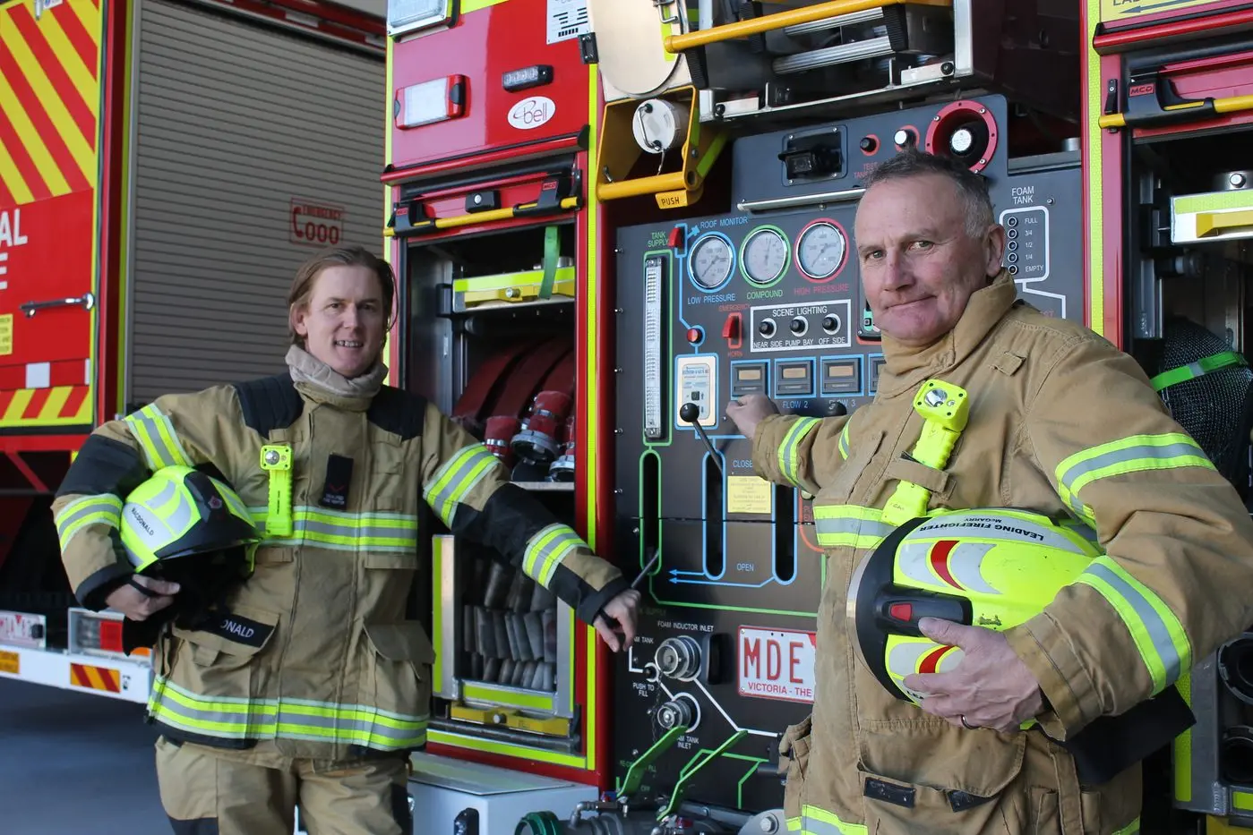 AT THE READY: FRV firefighters David Macdonald and leading firefighter Craig McGarry are prepared to respond in the event fires threaten the rural city. PHOTO: Ryan Malcolm Id:29952