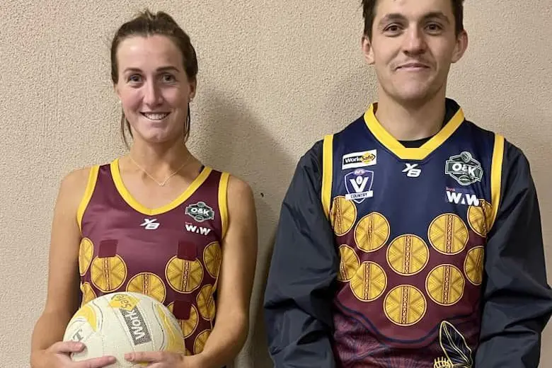 NEW DESIGN: A grade netball coach Ebony Allen and senior football coach Riley Calvene in the club\\'s new NAIDOC Week outfits.