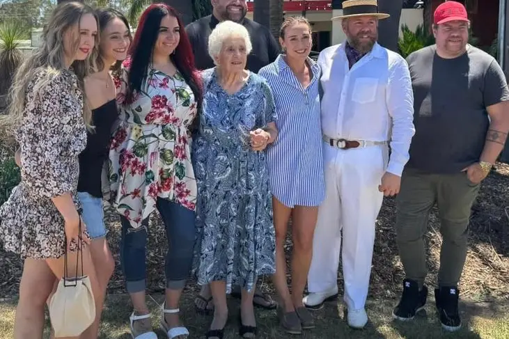 FAMILY: Elise Willows, Georgia Powley, Amy Butler, Mathew Ferguson (back) Maddie Doherty, Joshua and Luke Ferguson, Beatrice Powely\\'s (centre) grandchildren, travelled from across the country to celebrate their nana\\'s birthday. 