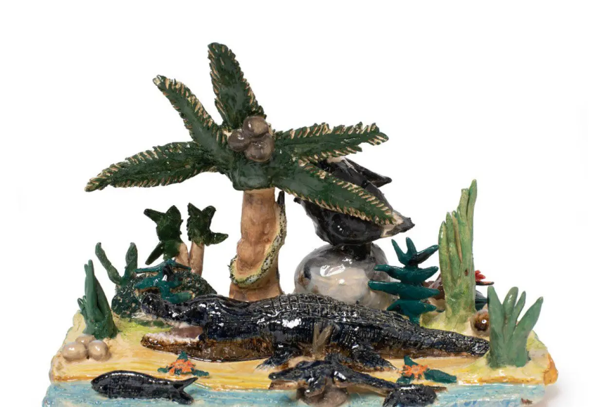 FANTASTICAL LANDSCAPES: Works being exhibition include Miles HOWARD-WILKS Untitled 2023 glaze, terracotta 15 x 22 x 13 cm MHC23-0019.