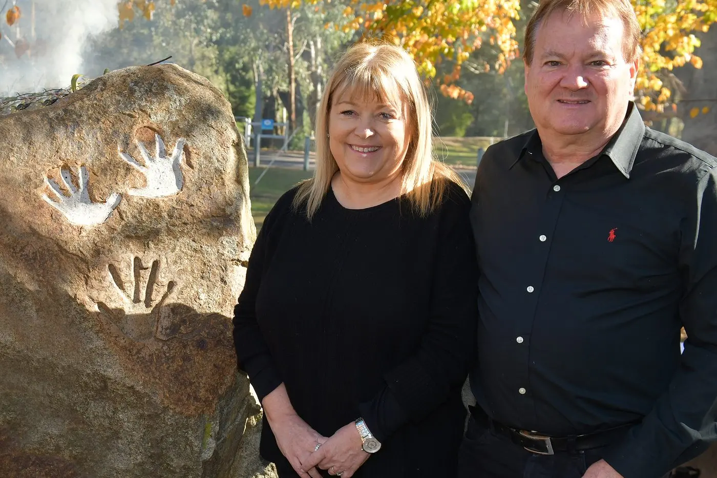 WANGARATTA Citizens of the Year, Wendy and Peter Lester, were bestowed another public honour yesterday, with the unveiling of their handprints cast in the Marmungun Rock in Apex Park. PHOTO: Adrian Vaughan, Noisebox productions
