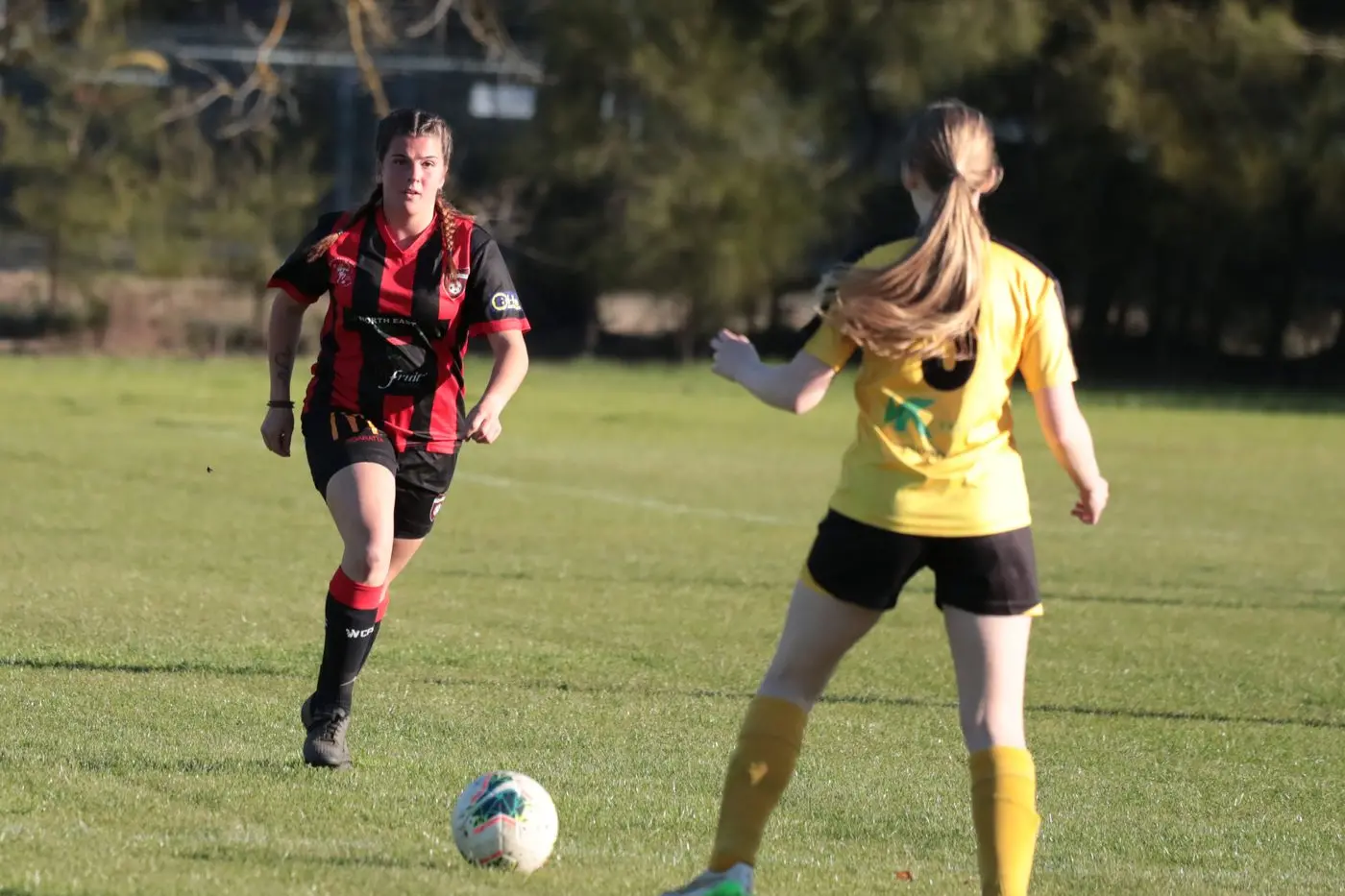 ONE ON ONE: Georgia Mahoney prepares to go toe-to-toe with her Hotspurs opponent in Wangaratta\\'s 0-1 loss on Saturday. PHOTO: Kieren Tilly