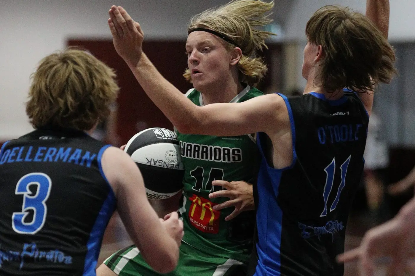 POWER PLAY: Max Bihun from the under 18s boys met with physical defence as his side went on to win their division at the Warriors\\' junior tournament last weekend. PHOTO: Melissa Beattie