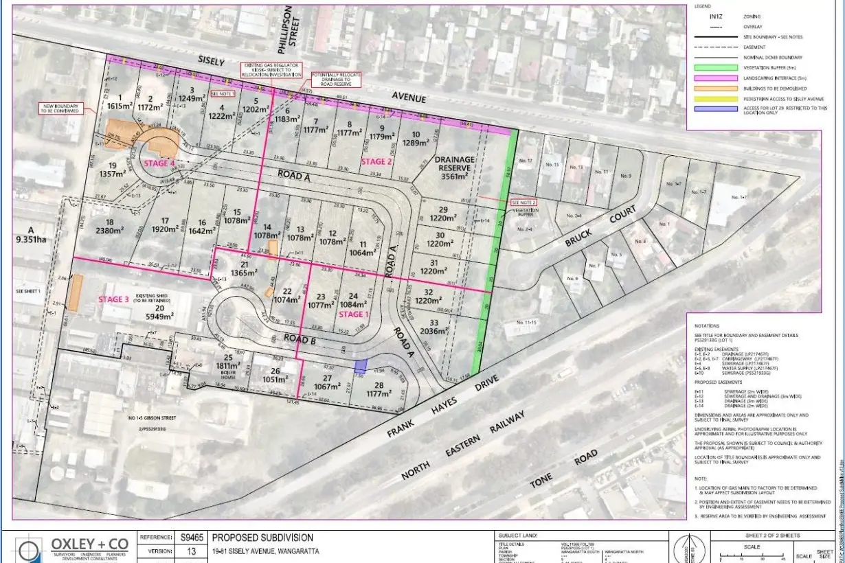 Plans for the 33-lot subdivision display four stages that will encompass retainment of the main Bruck buildings and operations.