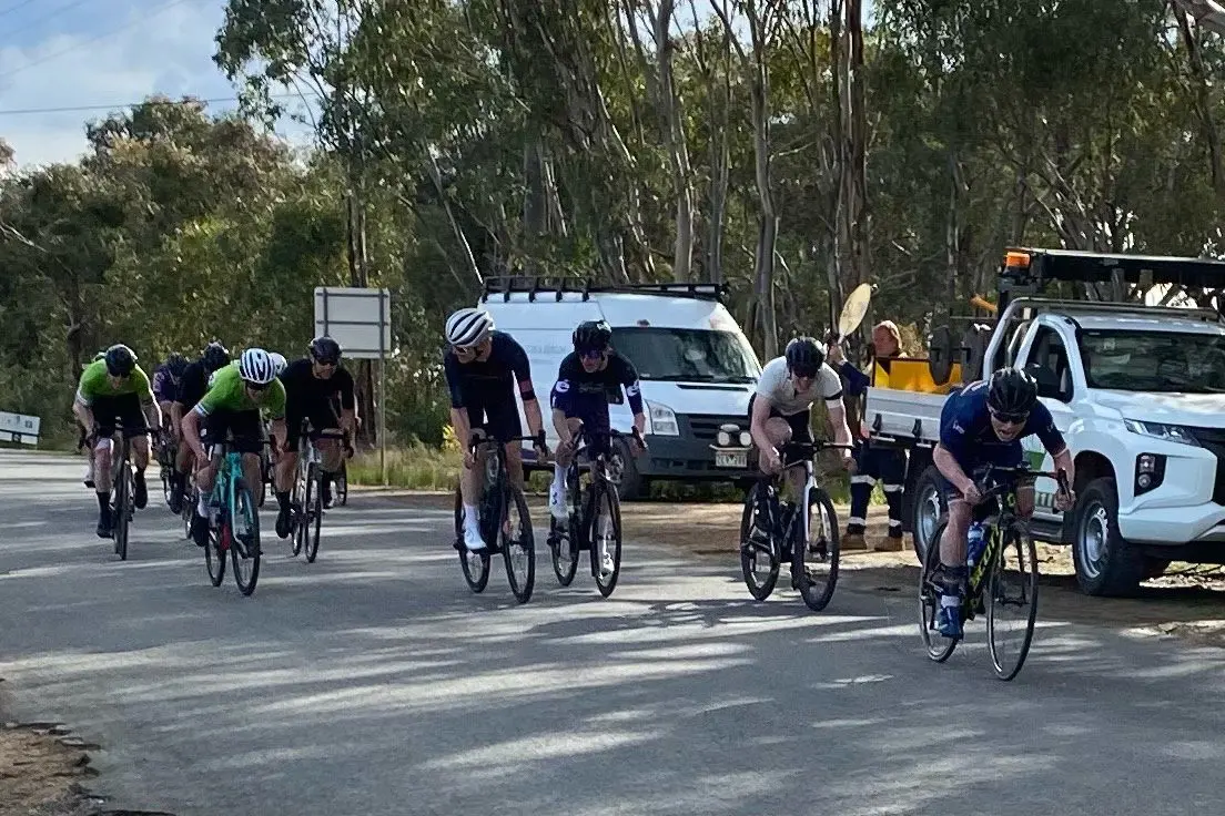 PUSH TO THE LINE: Reuben Smith (second from the right) from the Wangaratta Cycling was among a thrilling finish in the under 19s road race on Sunday, with Oscar Gallagher (far right) storming away and winning the 105km race.