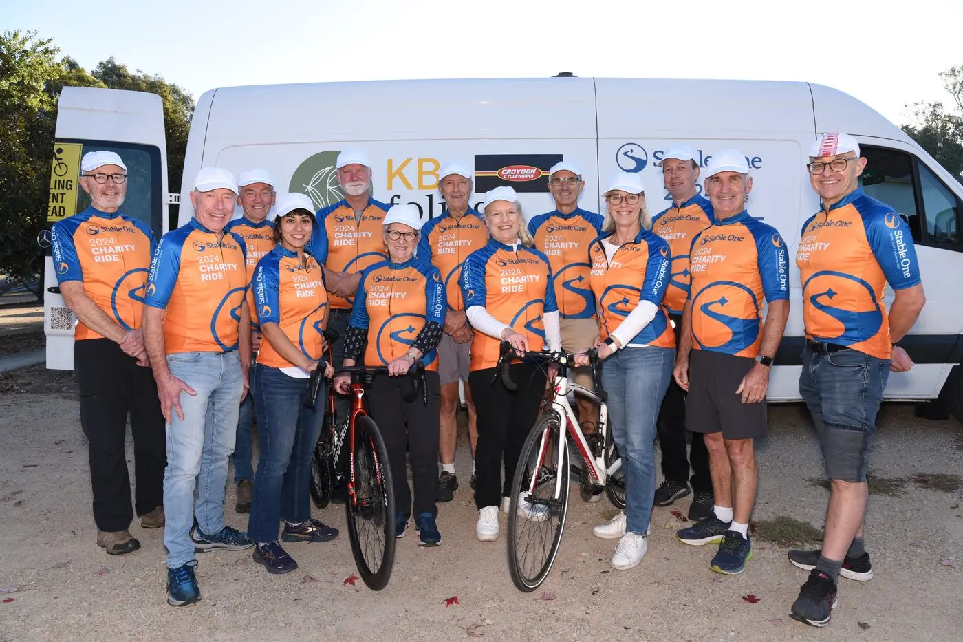 TEAM EFFORT: Stable One cyclists starting their 350km ride in Wangaratta were (from left, back) Peter Taylor, Peter Molloy, Colin Spencer, Greg Warmbrunn, Colin Walker, Philip Perkins and David Wells; (front, from left) Ken Bone, Sara Safari, Lesley Taylor, Debbie Perkins, Carolyn Bunston and Ian Bunston.