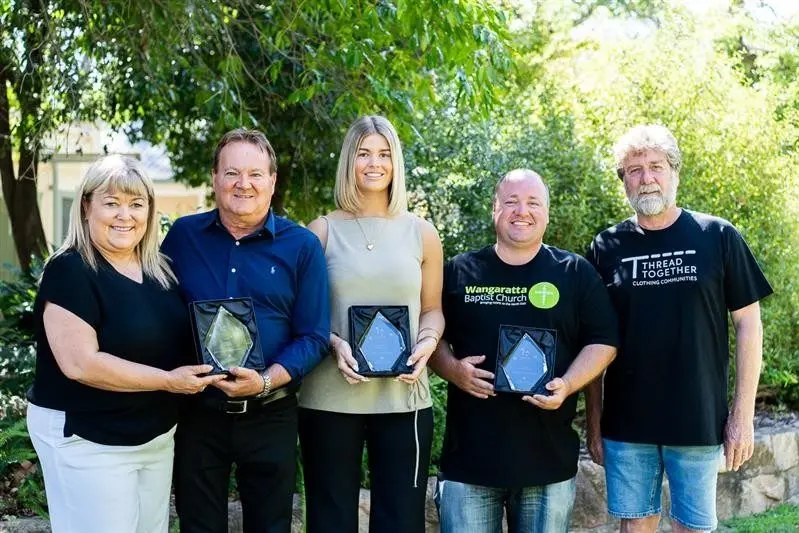 PAST RECIPIENTS: 2025 Australia Day Award Recipients  (from left) Wendy Lester, Peter Lester, Felicity Camplin, and Aaron Wardle and Bruce Neilson from Thread Together.