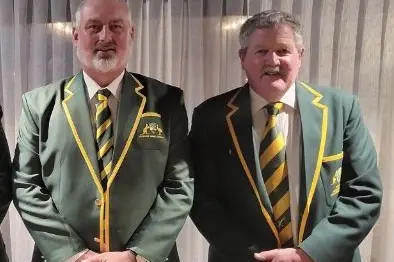 HALL OF FAME: Greg Hoysted and Trevor Saker (right) were both honoured at the commencement of the 100th Melbourne Country Week Sunday night as inaugural Victorian Country Cricket League Hall of Fame inductees. Id:37146