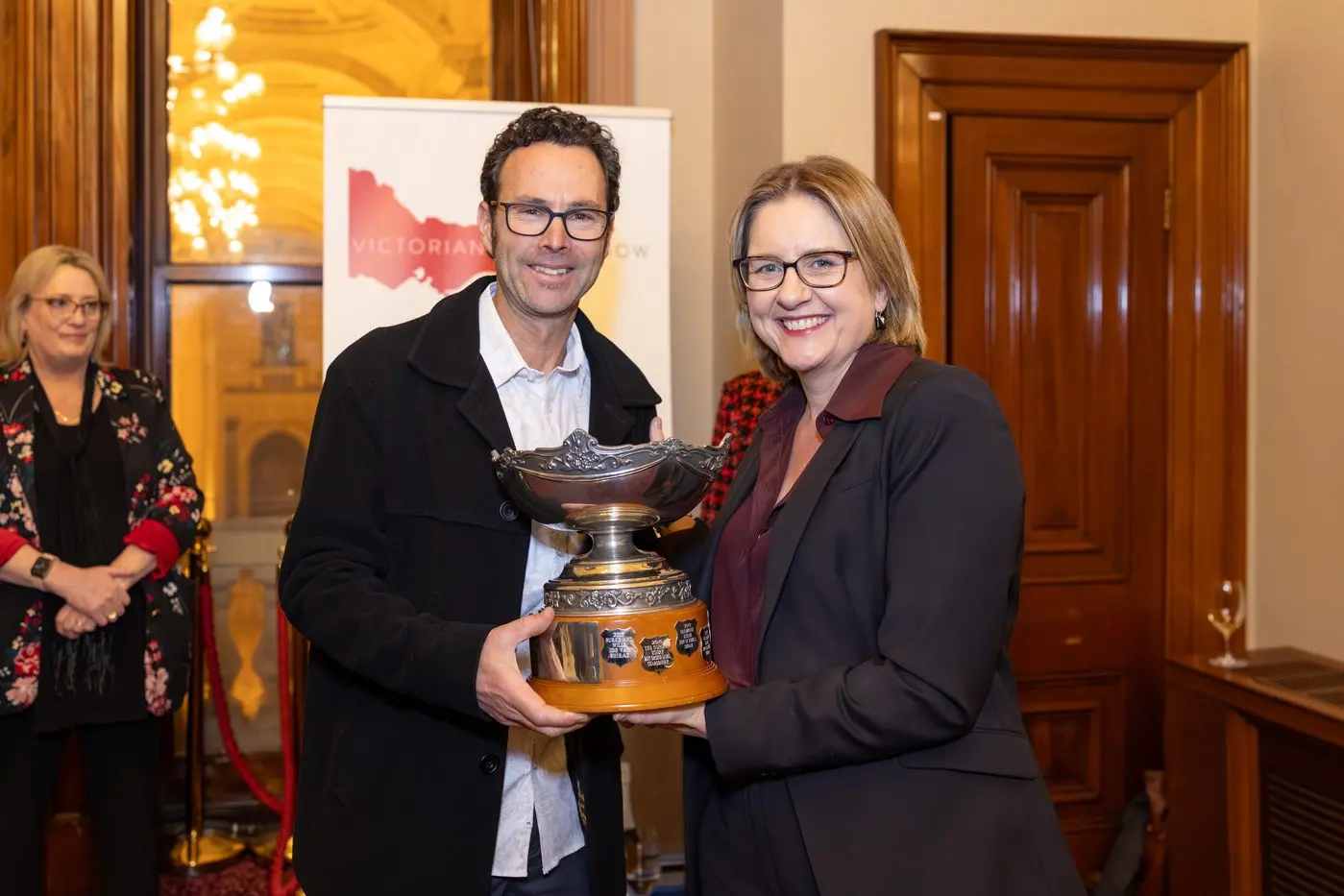 CHAMPION OF CHAMPIONS: Beechworth winemaker Adrian Rodda was awarded the prestigious Premier\\'s Trophy, and the Premier\\u2019s Choice Award, for his 2023 A. Rodda Baxendale Chardonnay. He is pictured with Victorian Premier  Jacinta Allan receiving the award on Wednesday evening.