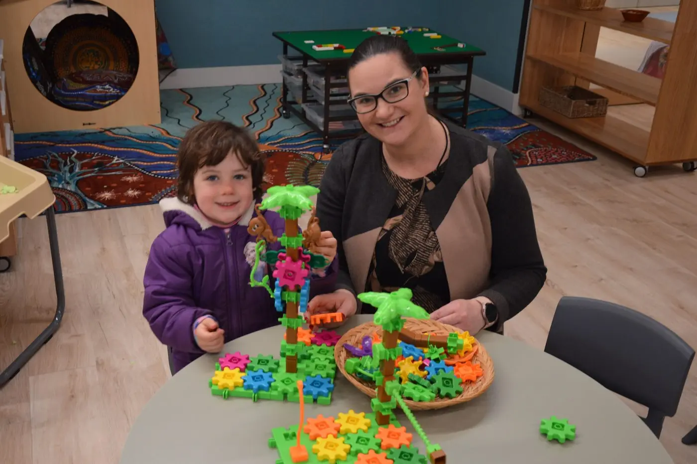 PLAY SPACE: Edie Gorton with kinder teacher Sarah Monshing feel right at home in their new kinder space, adjacent to Whitfield and District Primary School. PHOTO: Anita McPherson