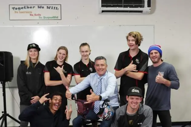 BACK TO SCHOOL: Nitro Circus athletes (back row, left) Vicki Golden and (back row, right) Kurtis Downs, (front row, left) Dante Hutchinson and (front row, right) Dusty Wygle, dropped into the Wangaratta District Specialist School yesterday and met students including (from back row, second left) Aime Cooke, Jack Davies and Jordan Furlong along with Mayor Dean Rees. PHOTO: Kieren Tilly