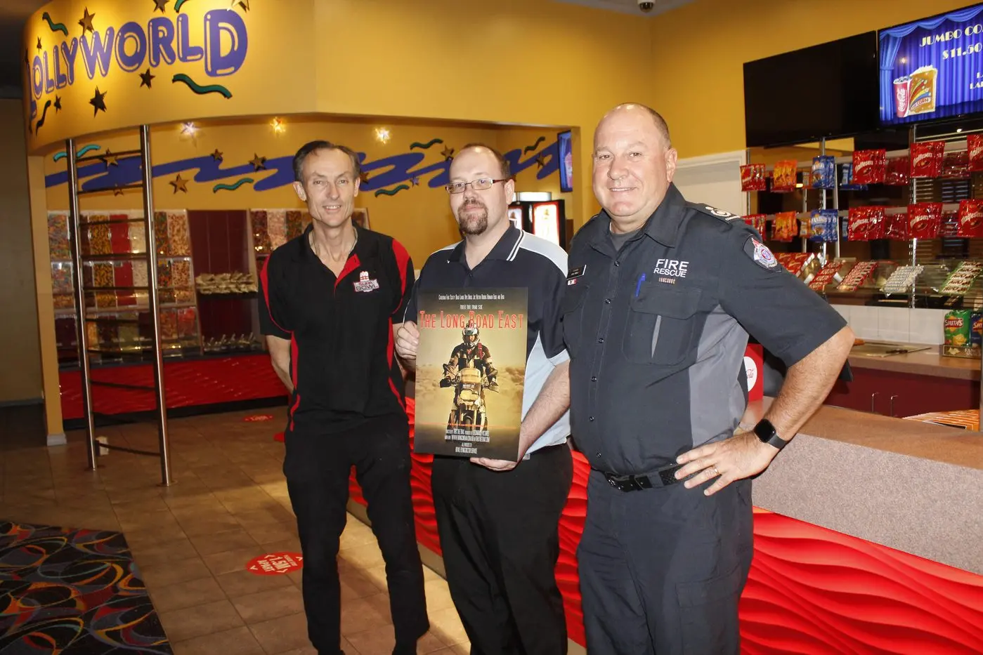 SUPPORT LOCAL: Wangaratta Supa Bowl manager David Lowe (left), Wangaratta Cinema Centre and bowl general manager Shaun Jacobson and CFA commander Carl Stibilj are looking forward to the screening of Trek the Trak 6 \\u2018The Long Road East\\u2019. PHOTO: Nick Sinis 