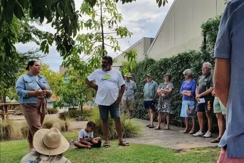 DIVERSE DISCUSSION: Members from Wangaratta Landcare and Sustainability gathered to hear Dozer Atkinson and his daughter Jiarra speak about a Landcare funded project, to identify and map cultural sites across our area.  Id:28743