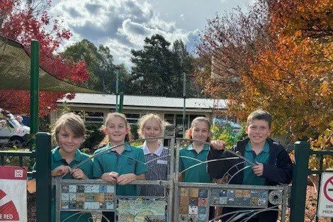 READY TO CELEBRATE: Students (from left) William Whitehead, Evie Fitridge, Willow Pianegonda, Audrey Fitridge and George Harrison are looking forward to the Whorouly Primary School\\'s 150th anniversary celebrations this week. PHOTO: Pauline McPherson